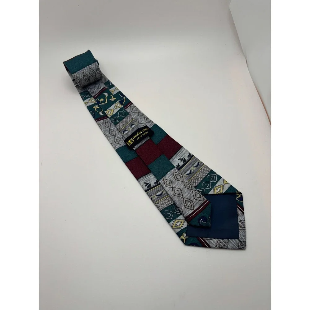 Master-Man Vintage Hand Made Necktie Teal Burgundy Geometric Abstract Pattern